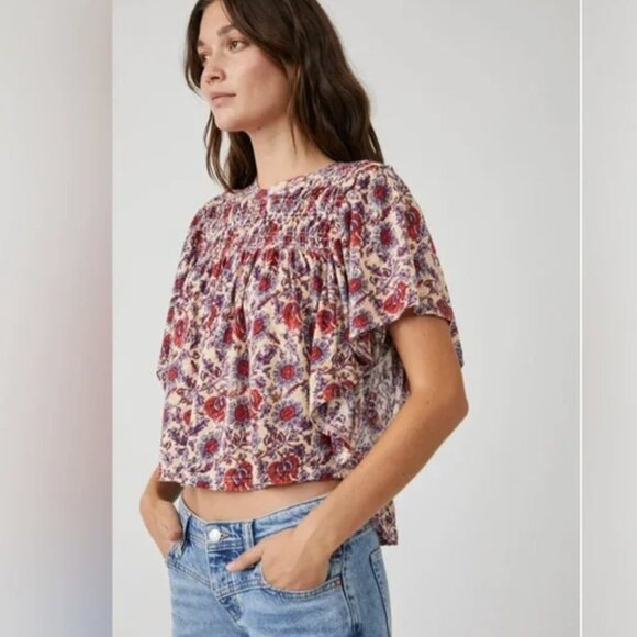 NWT Free People Women's Small Peach Tea Combo Smocked Crop Top Bat Wing Sleeves - Picture 3 of 16